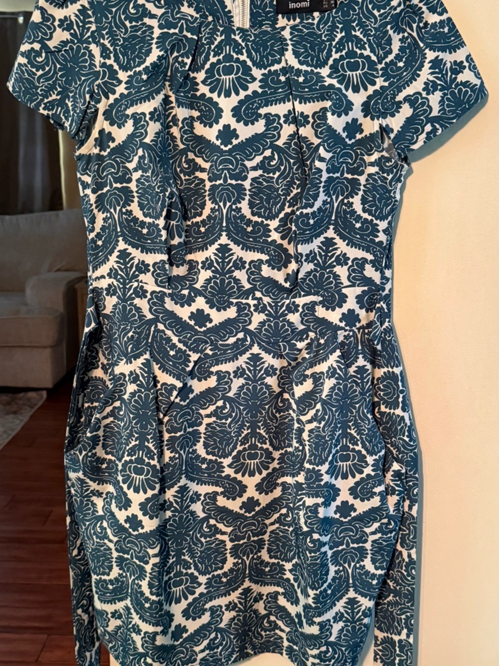 Inomi Teal and Cream Fitted Printed Mini Dress